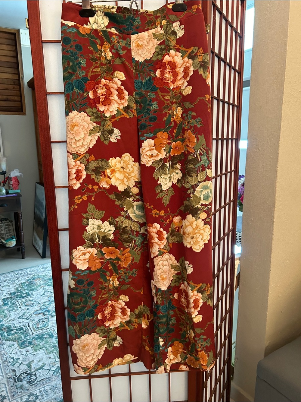 Chico's Floral Curtain Panel in Deep Red with Cream, Orange & Green Blooms